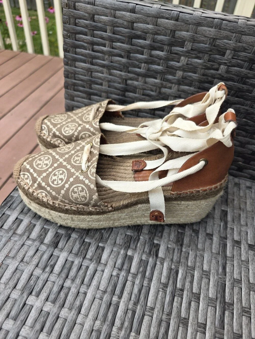 Tory Burch T-Monogram Espadrille Wedge Platform Ankle Tie Logo Brown Canvas Sz 8